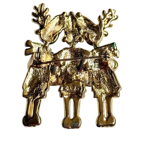 Gold Christmas Brooch Ajc Signed Reindeer Carol Singing Choir Deer Jewelry Vtg - Picture 2 of 6